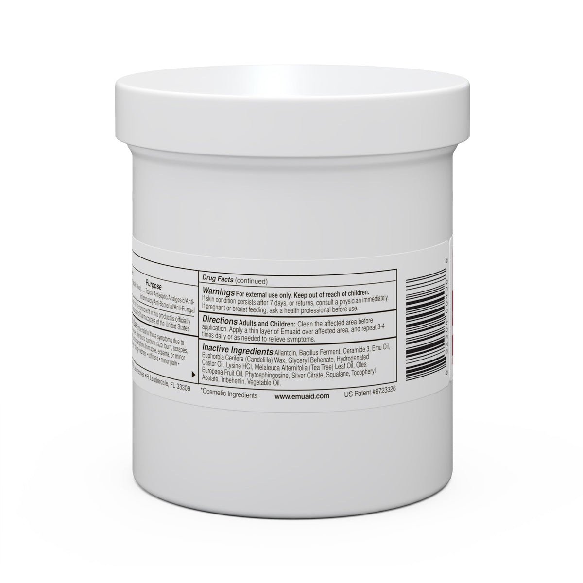 Dettagli dell'etichetta laterale del barattolo dell'unguento emu aid