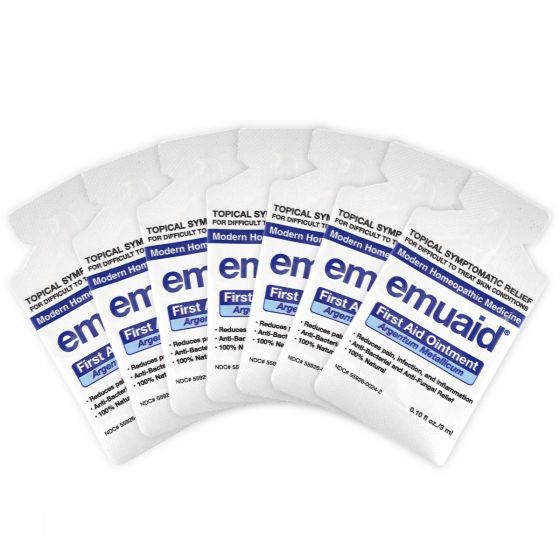 Questa è un'immagine della confezione da viaggio monouso EMUAID® Regular First Aid Ointment 30 Days.