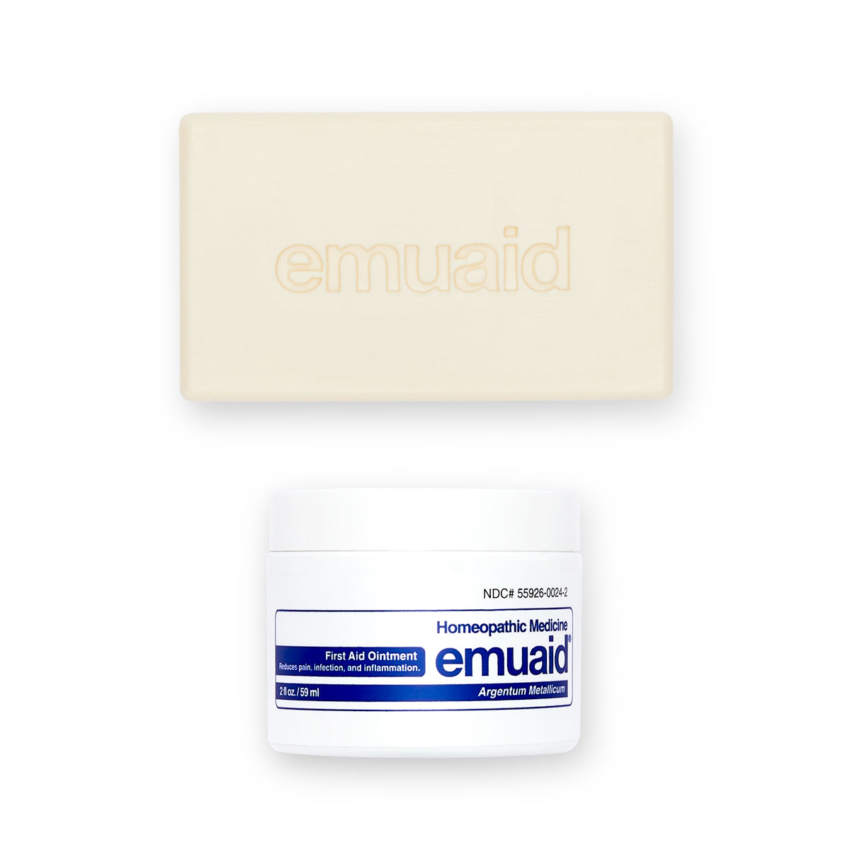 Questa è un'immagine di EMUAID® Regular First Aid Ointment 2oz e di EMUAID® Therapeutic Moisture Bar.  