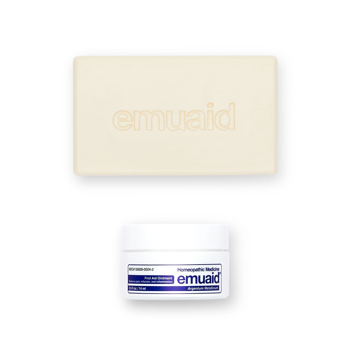Questa è un'immagine di EMUAID® Regular First Aid Ointment 0.5oz e di EMUAID® Therapeutic Moisture Bar.  