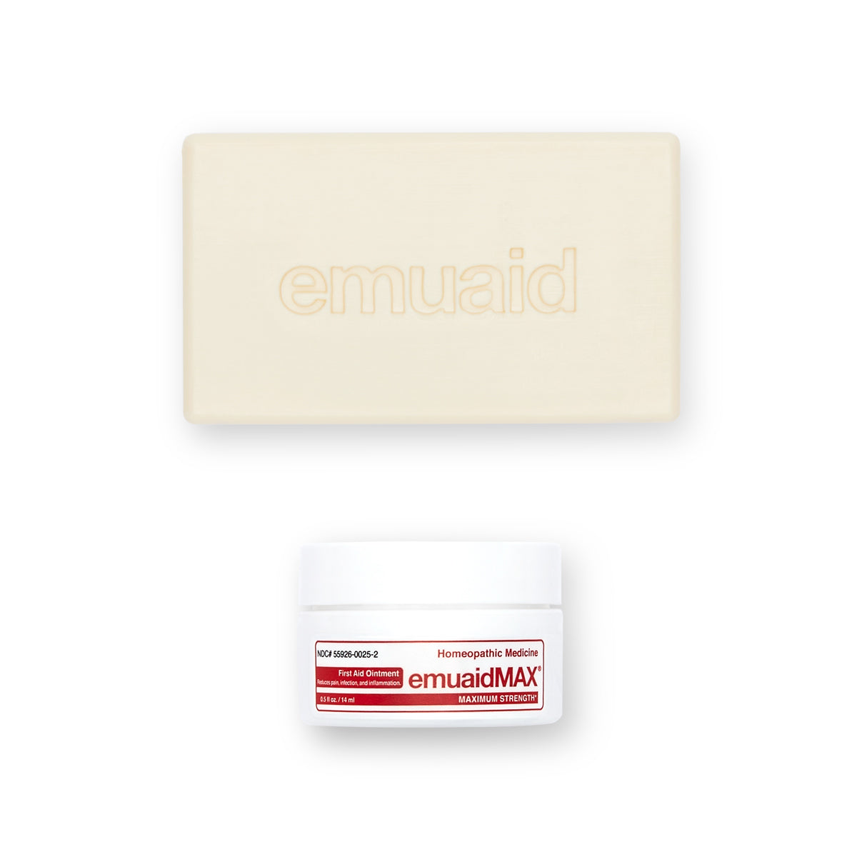 Questa è una foto di EMUAIDMAX® First Aid Ointment 2oz e di EMUAID® Therapeutic Moisture Bar.