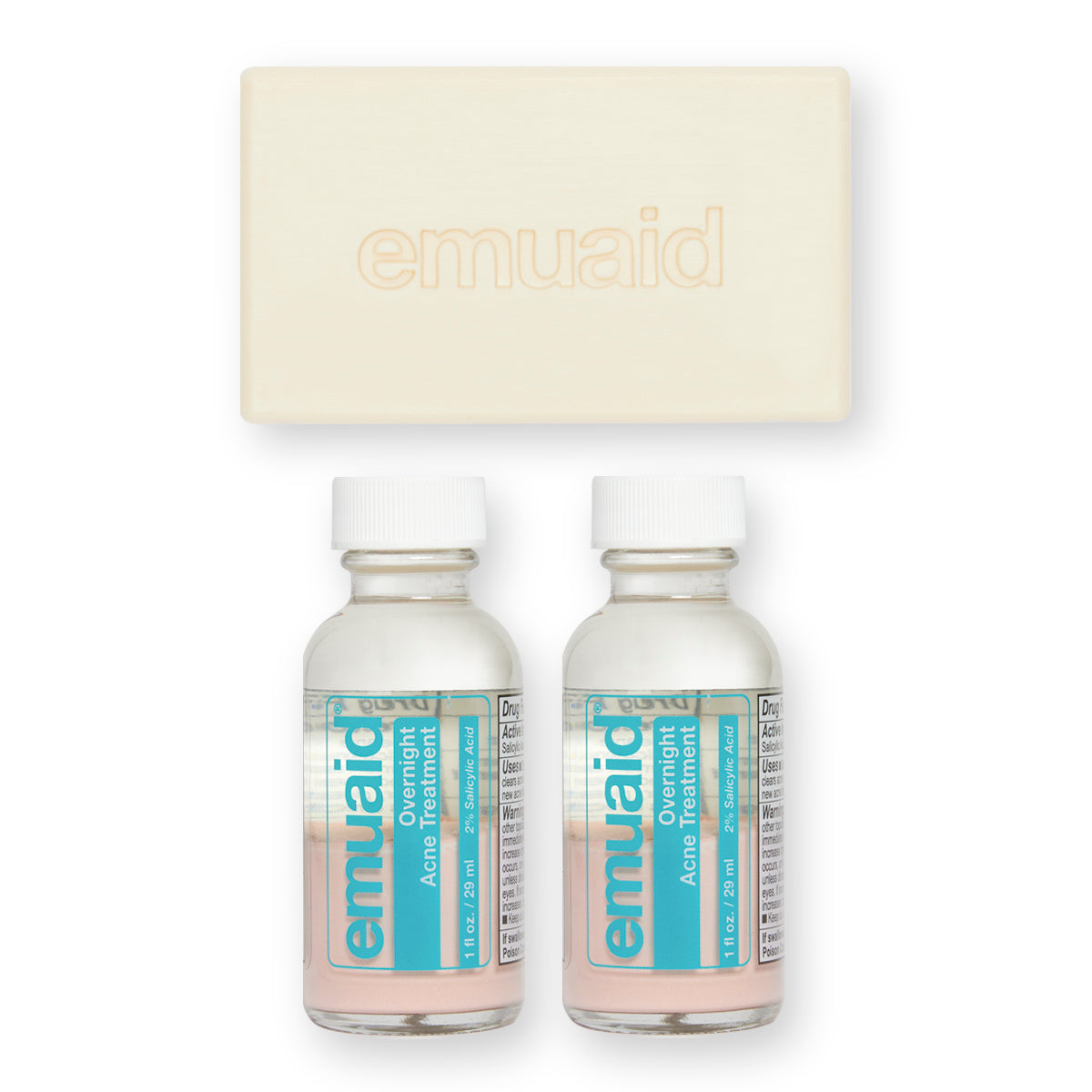 Questa è una foto di 2 flaconi di EMUAID® Overnight Acne Treatment e di EMUAID® Therapeutic Moisture Bar.