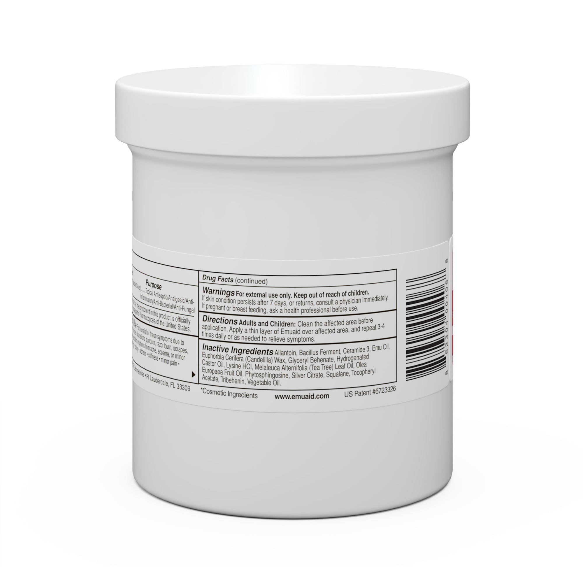 Dettagli dell'etichetta laterale del barattolo dell'unguento emu aid